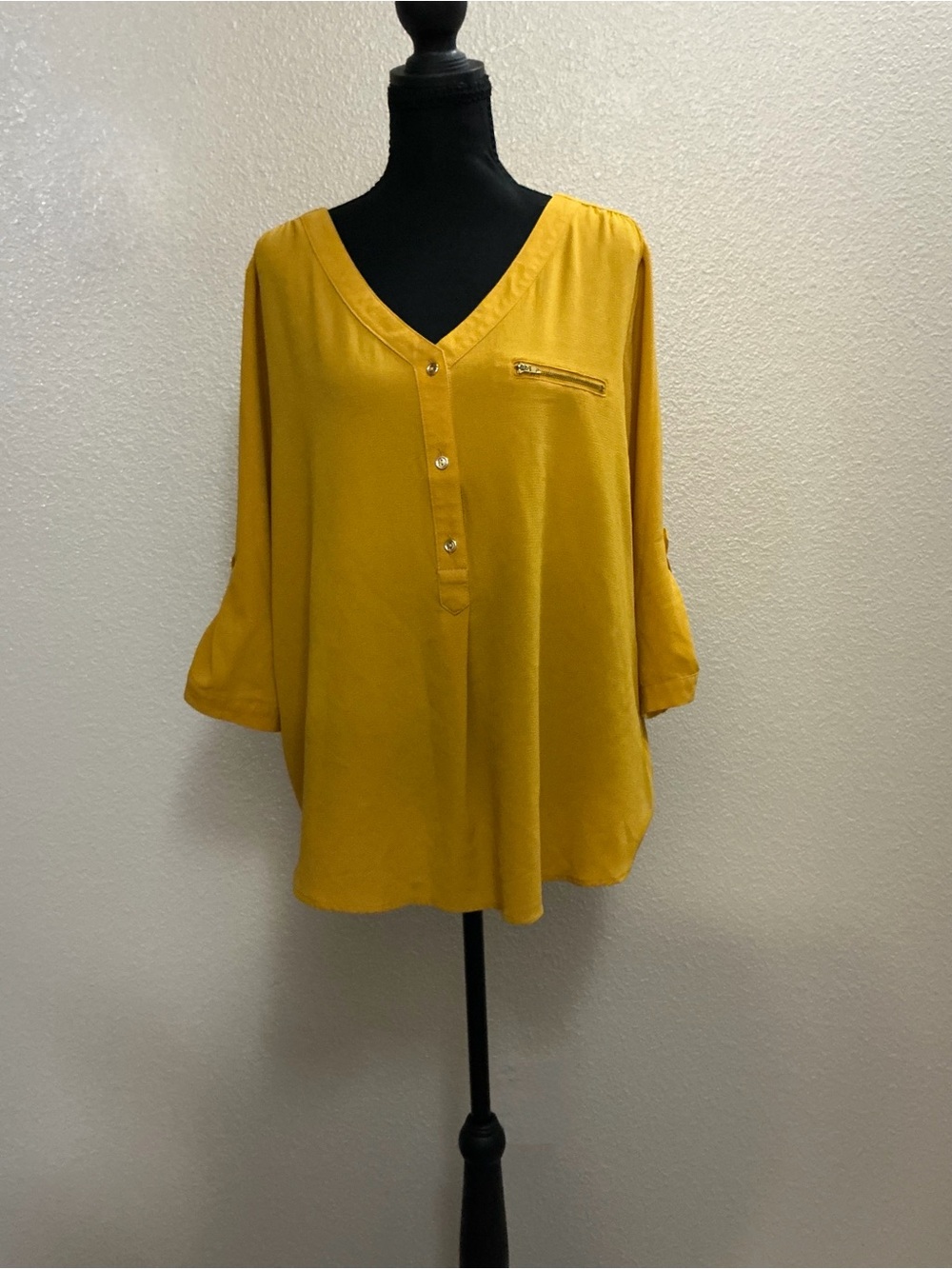 Zenobia Mustard V-Neck Button Front Blouse